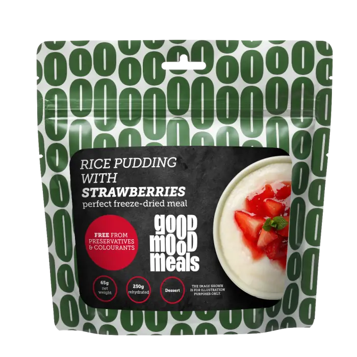 Liofilizēta pārtika Good Mood Meals rīsu pudiņš ar zemenēm